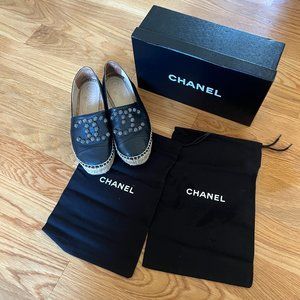 Chanel Woven Espadrille 37 Lambskin Leather Studded Cc Flats CC-0522N-0189